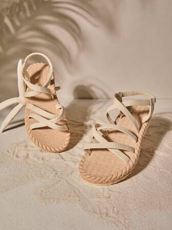 Tropiscape Minimalist Outdoors Flat Shoes For Women, Criss Cross Fabric Open Toe Slingback Sandals Valentines Vacay Vibes Vacation Relax Beach Autumn Christmas Christmas Winter Christmas Gifts New Year