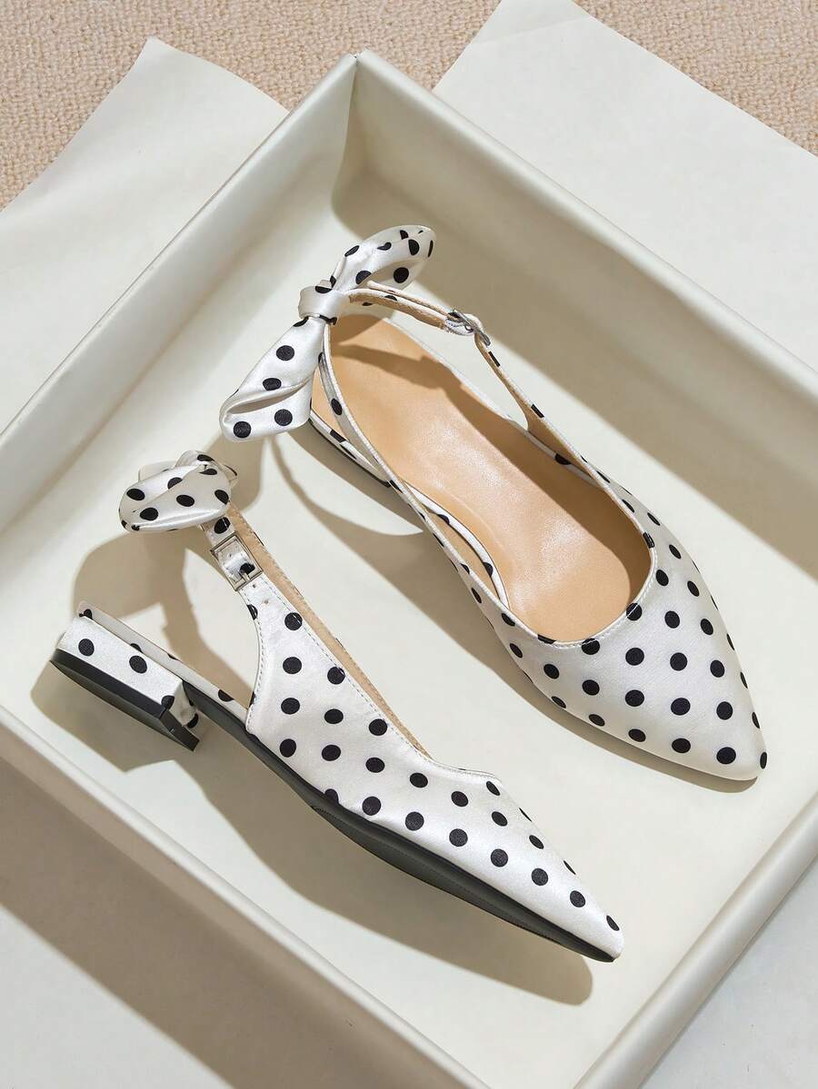 Plus Size Polka Dot Satin Chunky Heel Sandals For Women, Pointed Toe, White, Spring/Summer, French Retro Style, Bow Decor, Backless, Mary Jane, Comfortable