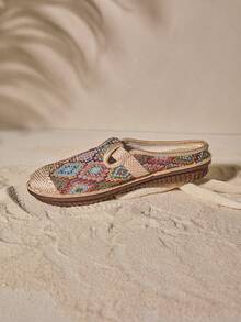 Tropiscape 女士几何图案闭趾穆勒鞋，波西米亚风圆头防滑鞋底休闲拖鞋，秋季圣诞节冬季圣诞礼物 - 米色 - 查看 3