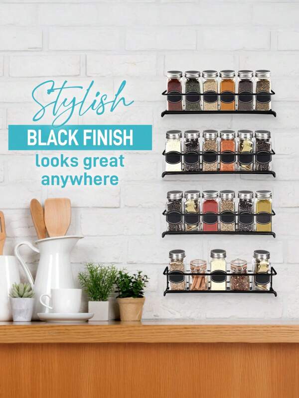 1PC Metal Spice Rack Organizer - Carbon Steel Powder Coated & Electroplated, Wall Mount & Adhesive Hooks For Kitchen Pantry / Summer Housewarming Gift / Back-To-School Dorm, Modern Space-Saving Design (Spice Rack/Kitchen Storage/Space-Saving)
