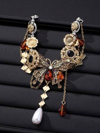 1 pieza Collar gargantilla vintage con lazo, flor y circonita cúbica con acabado dorado desgastado para mujer, joyería para fiesta y uso diario