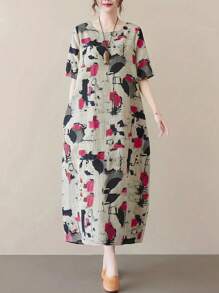 Women's Casual Mid-Length Belted Dress, Round Neck, Short Sleeve, With Pockets, Woven Fabric, Non-Stretch, Regular Hem - Hot Pink - View 2