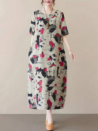 Women's Casual Mid-Length Belted Dress, Round Neck, Short Sleeve, With Pockets, Woven Fabric, Non-Stretch, Regular Hem