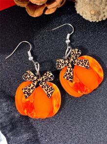 1 Pair Charming Leopard Bow Ribbon & Pumpkin Acrylic Drop Earrings, Perfect Thanksgiving Gift, Cute Holiday Style For Daily Wear, Women