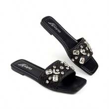 Hot New Women's Black Pu Slide Flat Sandal Square Toe Vacation Casual Rheinstone Shoes - Black - View 1
