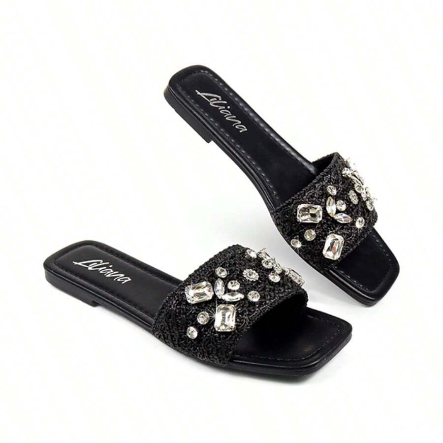 Hot New Women's Black Pu Slide Flat Sandal Square Toe Vacation Casual Rheinstone Shoes - Black - View 1