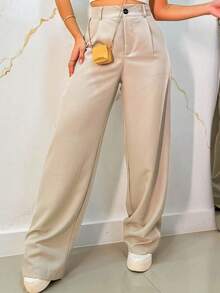 Women's Tailored Wide Leg Pants With Button And Zipper - Beige - View 1