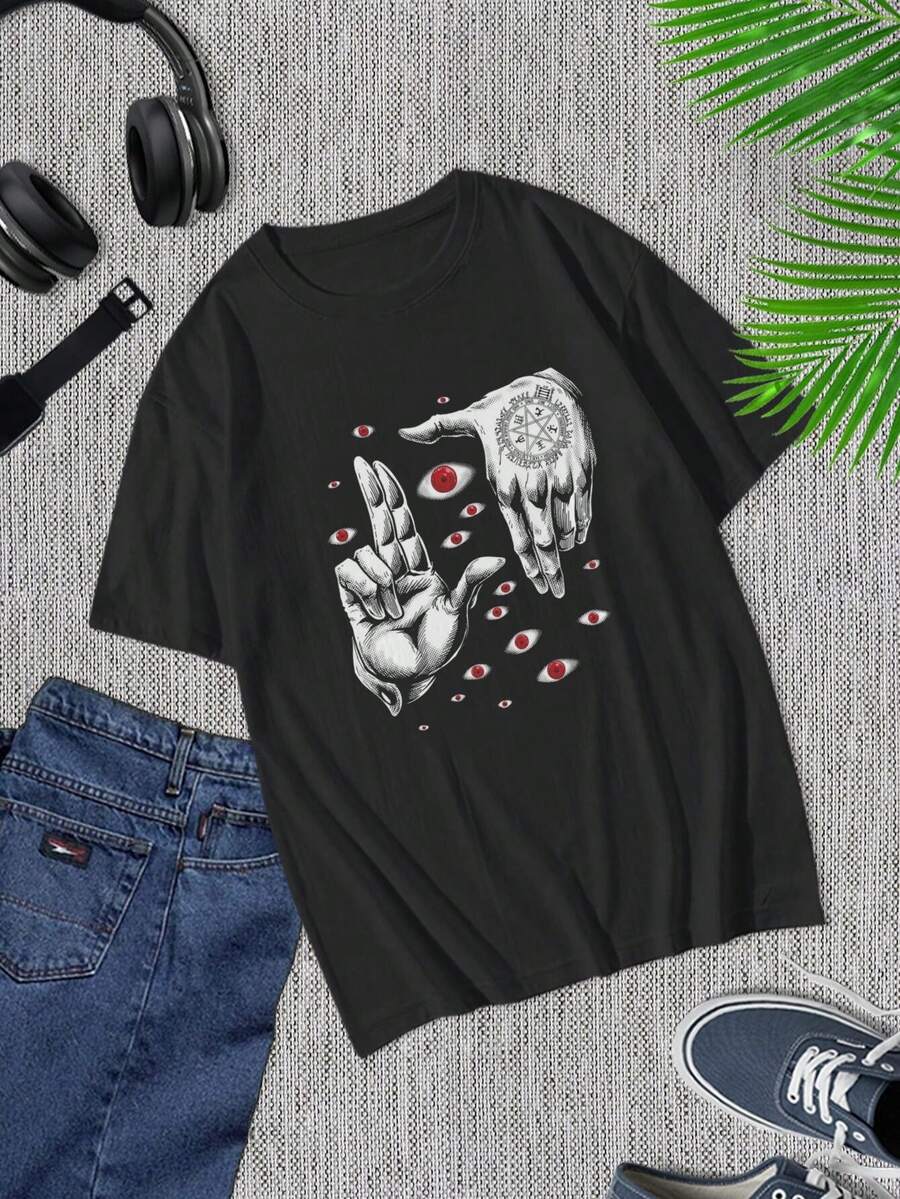 Camiseta gótica con manos y ojos ocultos - Camiseta con estampado de símbolo místico - Ropa estética oscura - Mezcla de algodón suave - Para hombres y mujeres - Tallas grandes - Negro - Ver 1