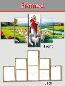 1/5件套，带框装饰艺术风格帆布画，经典宗教艺术，上帝引领羊群，耶稣牧羊，耶稣放羊，含赠品，适合客厅、卧室和酒吧墙面装饰
