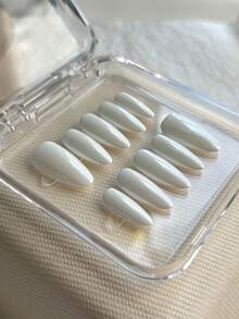 MXYIYANR 10片白色杏仁形手工美甲贴纸，亮面，白色，简约风格，适合婚礼、派对、日常装饰，附赠甲油胶和指甲锉。 - 白色 - 查看 3