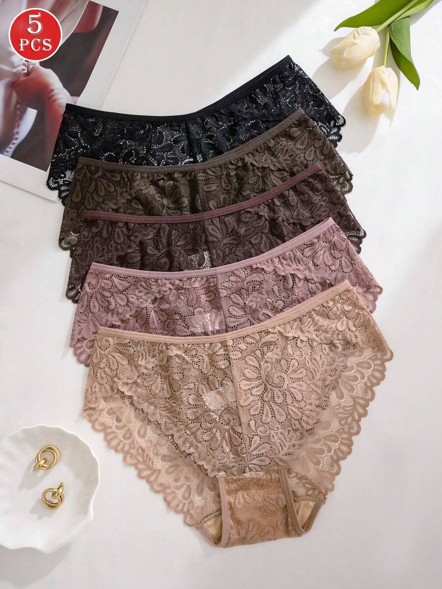 5 pièces/paquet Culottes taille mi-haute ajourées en dentelle pour femmes, couleurs assorties - Multicolore - Voir 1