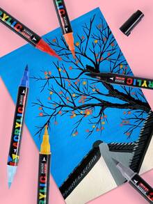 12/24支双色软头丙烯笔DIY水性丙烯墨水马克笔，颜色鲜艳，遮盖力强，快干防水，可堆叠颜色，多种颜色可自由搭配，适用于绘画、帆布绘画、玻璃DIY、涂鸦艺术绘画创作项目用品返校