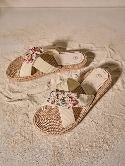 Tropiscape 撞色花卉装饰交叉绑带凉鞋，营造度假氛围，放松身心，海滩风情，秋季圣诞节，冬季圣诞礼物