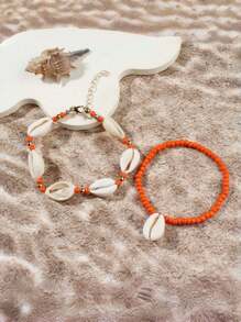 7 pièces/Set Bracelet style bohème avec coquillage et perle avec pendentif étoile de mer, Set de bracelets pour femmes (couleur de perle aléatoire)