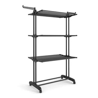 SONGMICS Étendoir à Linge, Séchoir Mobile à 4 Niveaux, avec roulettes, Pliable, 63,5 x 128 x 173 cm, Grande Capacité, Montage Facile, Utilisation Intérieure et Extérieure, Noir d'encre