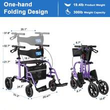 WALK MATE 2 In 1 Rollator Walker Transport Chair For Seniors, 10" Wheels Medical Rollator For Seniors With Widen Seat Backrest, Detachable & Adjustable Footrests Folding Walker Wheelchair Combo - Purple - View 7
