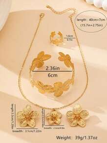 European And American Fashion Metal Floral Open Cuff Bracelet And Ring Set