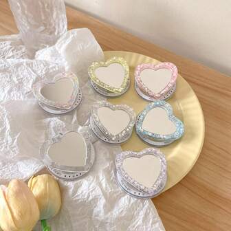 1 件心形手机磁性气垫支架，闪闪发光的爱心设计紧凑型化妆镜磁性桌面支架，兼容 、Android 手机，生日、家人、朋友的礼物，推拉式手机握把、手机支架、手机配件