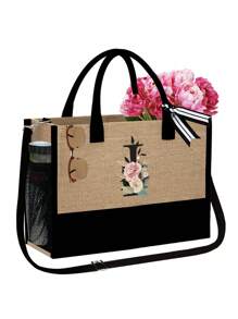 1 set, Bolso de mano tipo tote con estampado de flores con inicial A y correas para el hombro & Set de bolsas de maquillaje con iniciales de la A a la Z, bolso de regalo personalizado con bolsillos laterales, bolso de playa con pañuelo, bolsos de almacenamiento portátiles y de ocio, bolsas de compras multifuncionales, bolsa de almacenamiento simple para viajes