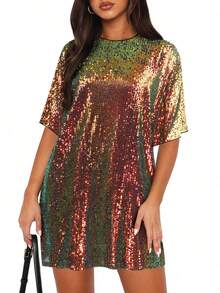 Đầm dạ hội/tiệc tùng nữ mùa hè mới, kiểu dáng châu Âu và Mỹ, cổ tròn, thanh lịch, dáng rộng, thoải mái, đính sequin. - Đen và vàng - Xem 5