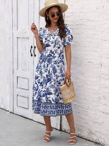 Vestido de mujer con escote cuadrado y manga corta con estampado de porcelana multicolor azul y blanco, elegante vestido midi fluido, mangas cortas, escote en V, cintura con volantes - Azul - Ver 5