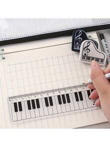 A Set Of 6 Cute Piano-Themed Stationery Items, Featuring Black And White Music Symbols, Includes A Pencil Case, Pencils, A Ruler, And An Eraser. It's Perfect As A Gift For Students During The Back-To-School Season,School Supplies,Back To School - View 3