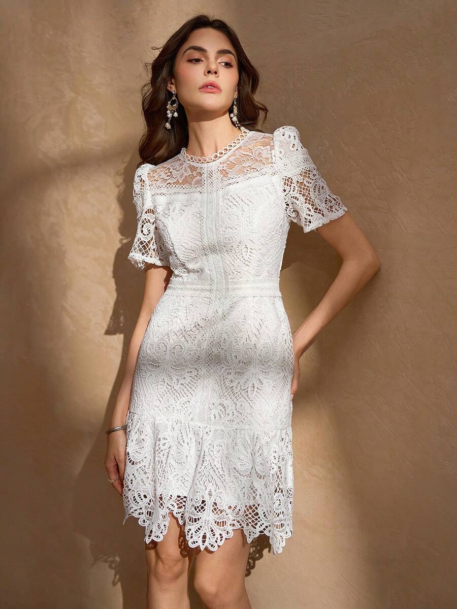 优雅可爱的荷叶边小圆领袖女式奢华迷你连衣裙 - 白色 - 查看 1