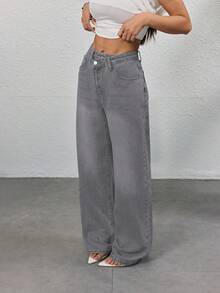 Vintage hellgraue Jeans, Damen Mode Design Lässig Straight Loose Schräg Knopf Jeans, Frühling/Sommer - Hellgrau - Übersicht 7