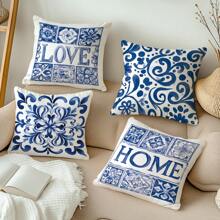 4PCS Blue And White Porcelain Floral "LOVE" "HOME" Letter Pattern Pillow Covers [Without Pillow Inserts], 17.7*17.7in(45*45cm), [Single-Sided Printing], Polyester Decor Pillow Cases, Home Decor, Bedroom Decor, Room Decoration For Sofa, Bed, Living Room, Bedroom, Car, Office, Hotel, Perfect Gift For Family And Friends, All Seasons
