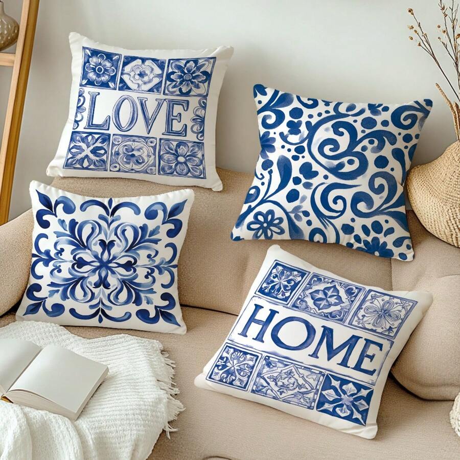 4PCS Blue And White Porcelain Floral "LOVE" "HOME" Letter Pattern Pillow Covers [Without Pillow Inserts], 17.7*17.7in(45*45cm), [Single-Sided Printing], Polyester Decor Pillow Cases, Home Decor, Bedroom Decor, Room Decoration For Sofa, Bed, Living Room, Bedroom, Car, Office, Hotel, Perfect Gift For Family And Friends, All Seasons