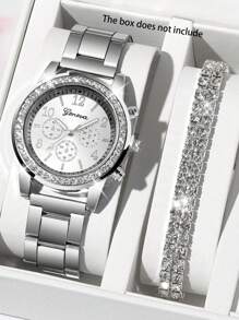 3 Stücke modische und vielseitige Quarzuhr für Frauen mit Drei-Augen-Zifferblatt, Stahlarmband, Diamanten, Kreisförmiges Zifferblatt, Stahlarmband, digitale Skala, Strass-Schmuckarmband, perfektes Geschenk, geeignet als Urlaubsgeschenk, ohne Verpackungsbox