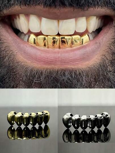 1 件光滑嘻哈风格多色 6 齿抛光金属牙套，男女通用，适合派对、万圣节和日常佩戴