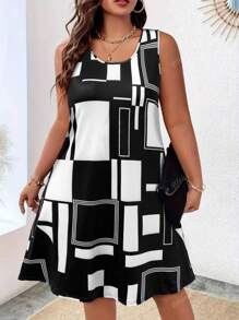 Vestido de verano para mujer talla grande, vestidos midi sin mangas con estampado geométrico (disponible en tallas 1X-5X), vestido bohemio casual chic para playa y vacaciones