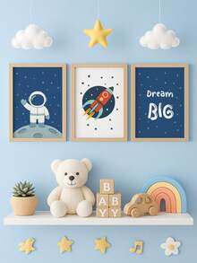 3pcs Frameless Custom Text Wall Art, Space Theme Kids Room Decor, Cute Astronaut And Rocket Posters, Personalized Nursery Room Canvas Prints, Inspirational "Dream Big" Quote Back To School