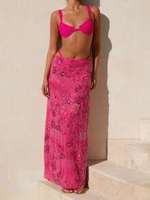 Women Summer Skirt Casual Elegant Sequin Floral Embroidery Long Skirt For Beach Vacation Club Streetwear - 玫紅色 - 查看 3