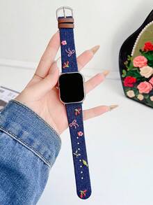 1pc Women's Embroidered Bows, Flowers, Cherry Washing Denim Leather Watch Strap Compatible With Apple Watch Band 38mm 40mm 41mm 42mm 44mm 45mm 49mm S10 42mm S10 46mm, Stylish, Cute,,Comfortable Replaceable Band Compatible With Iwatch Series 11 Ultra 3 SE3 Ultra 2 S10 SE2 9 8 7 SE 6 5 4 3 2 1 - Royal Blue - View 2