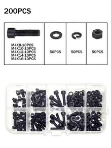Set de 200 piezas de Kit de tornillos de cabeza hueca M4 - Tuercas, arandelas de resorte, arandelas planas, pernos surtidos, tornillos de cabeza hexagonal - Para manualidades, reparación de maquinaria, mejoras del hogar