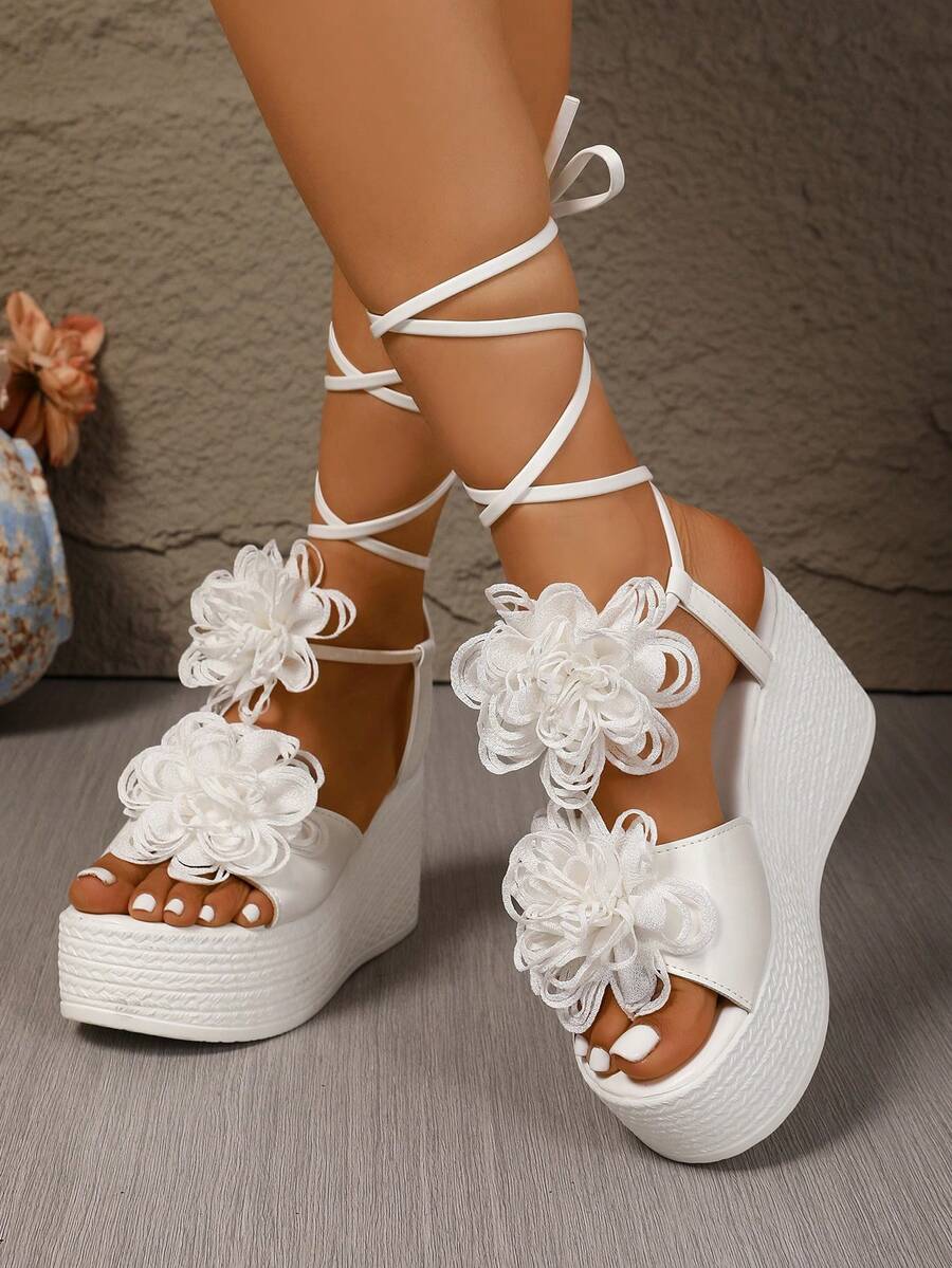 Sandal đế xuồng cao gót chống thấm nước, kiểu dáng tối giản, họa tiết hoa, thời trang dành cho nữ, thích hợp cho trang phục mùa xuân hè. - trắng - Xem 1