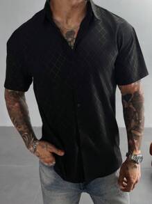 Men's Dress Shirts,Solid Color Geometric Diamond Check Short Sleeve Shirt,Button-Down Business-Casual Shirts With A Regular Fit, Which Are Highly Suitable For Wearing At Wedding Parties, At Work Or In The Office,For Father's Day Gift