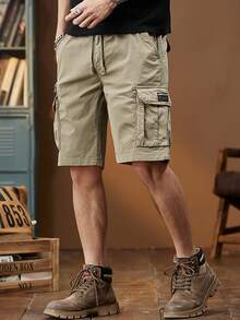 Sensual Star Pantalones cortos holgados de carga para hombres con bolsillos con solapa y cintura con cordón,pantalones cortos casuales tipo hawaiano, pantalones cortos sueltos tipo bermuda, pantalones cortos deportivos,color sólido, resistentes y ligeros, ideales para verano, uso diario, estilo outdoor y ropa casual - Caqui - Ver 4