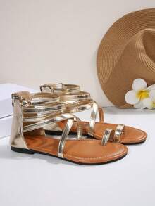 女士夏季新款平底凉鞋，性感圆头一脚蹬拉链开合休闲罗马风格百搭优雅鞋