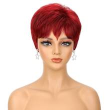 Women's Short Pixie Wig 6 Inches Red Straight Hair Fashionable Chemical Fiber Wig With Bangs, Fluffy Layered, High Density, Heat-Resistant Fiber, Breathable Rose Mesh Cap, Suitable For Daily Party Wear Halloween Carnival Music Festival Use - Red - View 13