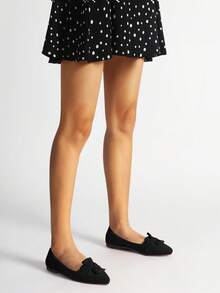 Women's Velvet Bow Detail Flat Shoes - Comfortable Slip-On Ballet Flats, Casual Elegant Loafers For Daily Wear - 黑色 - 查看 6