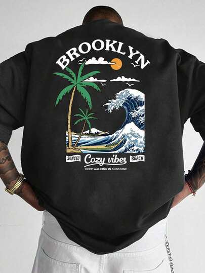 Brooklyn Sunset Beach Printed Premium Cotton T-Shirts Men Summer Short Sleeve Tees Casual Tops