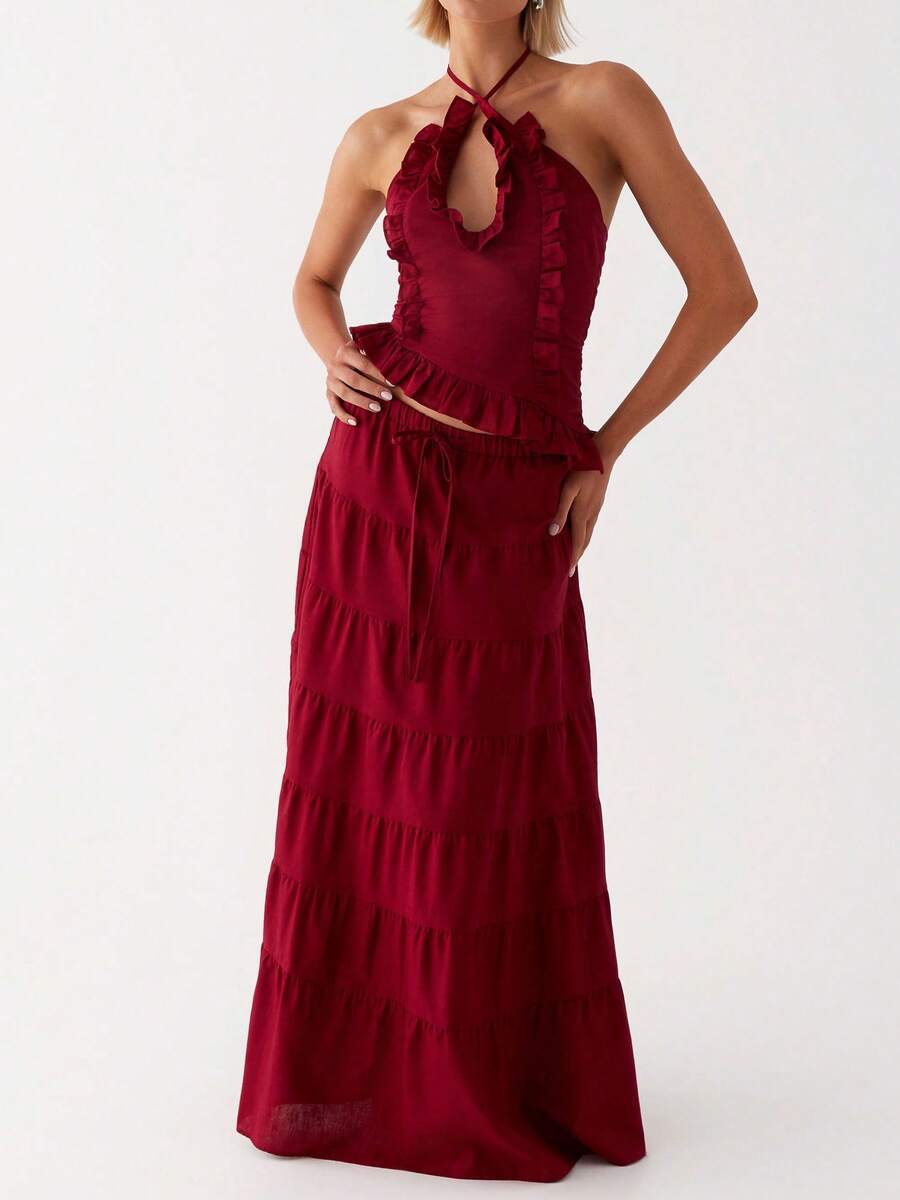 Y2k Maxi Skirt Set For Women Backless Lace Halter Top And Pleated Flowy Skirt Sets Beach Sheer Dress Summer 2 Piece Outfit Beach Set - 紅色 - 查看 1