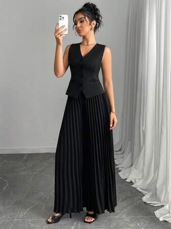 Elegant V-Neck Sleeveless Vest Top & Pleated Full Length Pants 2-Piece Set, Solid Color Suit, Versatile For Beach, Evening, Office, Formal, Spring/Summer/Autumn