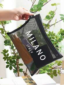 大容量网状单肩包和便捷化妆包，印有“Milano”字样，便携式海滩度假大容量手提包，网状沙滩包，便携式网状透明化妆包，储物袋，是理想的购物袋 - 黑色 - 查看 4