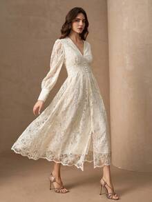 优雅V领开衩下摆女式奢华别致连衣裙 - 杏色 - 查看 1