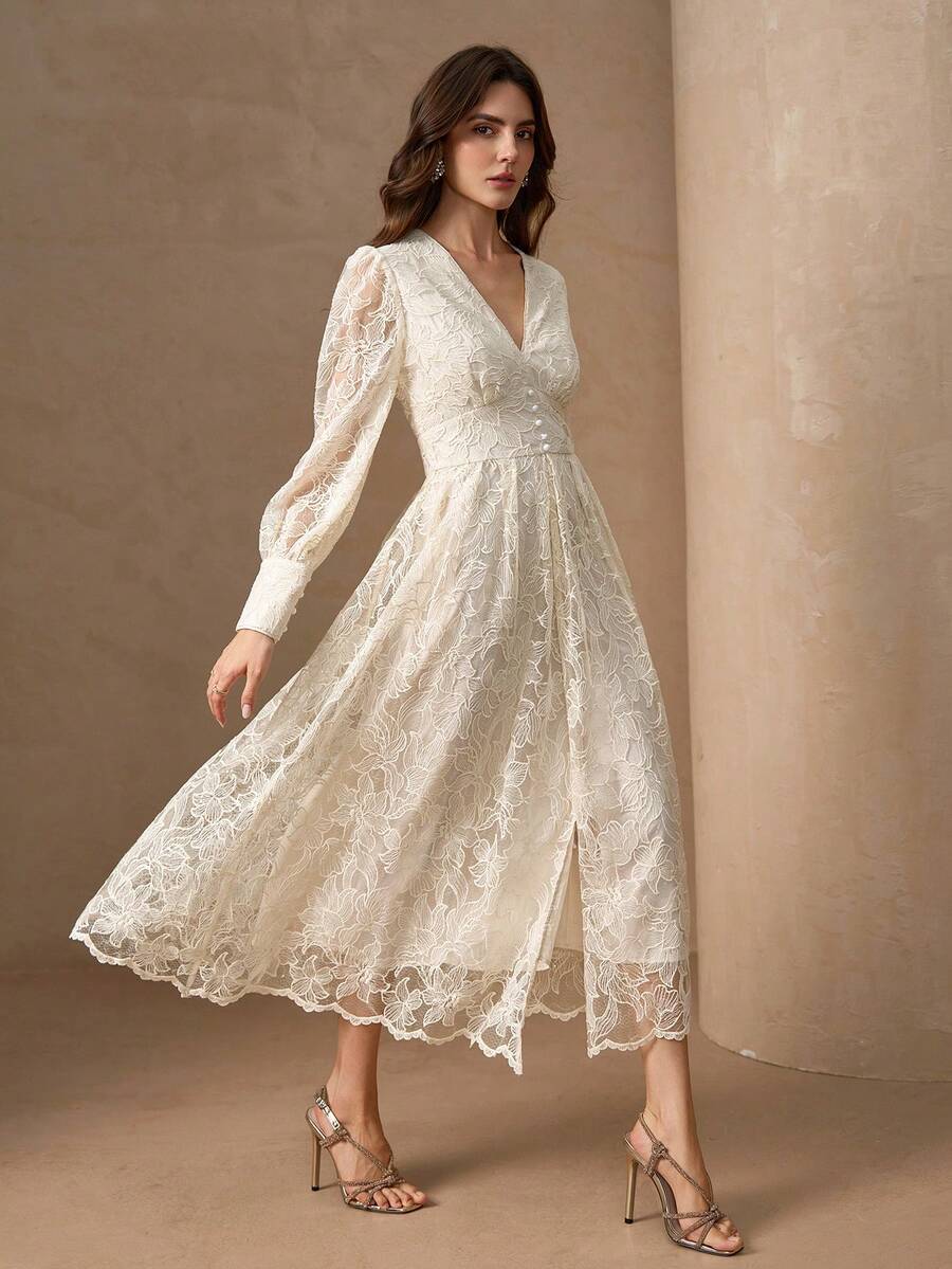 优雅V领开衩下摆女式奢华别致连衣裙 - 杏色 - 查看 1