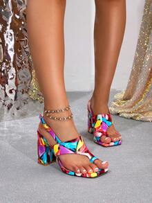 Zebra Print Open Toe Square Toe Women's Heeled Sandals 2025 New Summer Thick Heel Breathable Strap Casual Versatile Backless Dress Heels - Multicolor - View 3